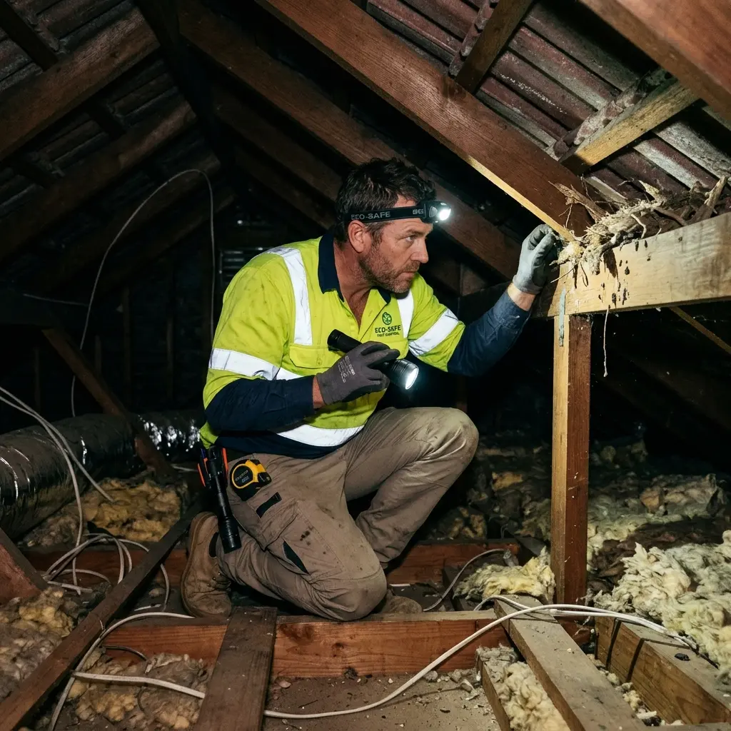 Technician inspecting a roof cavity for a dead animal in Melton